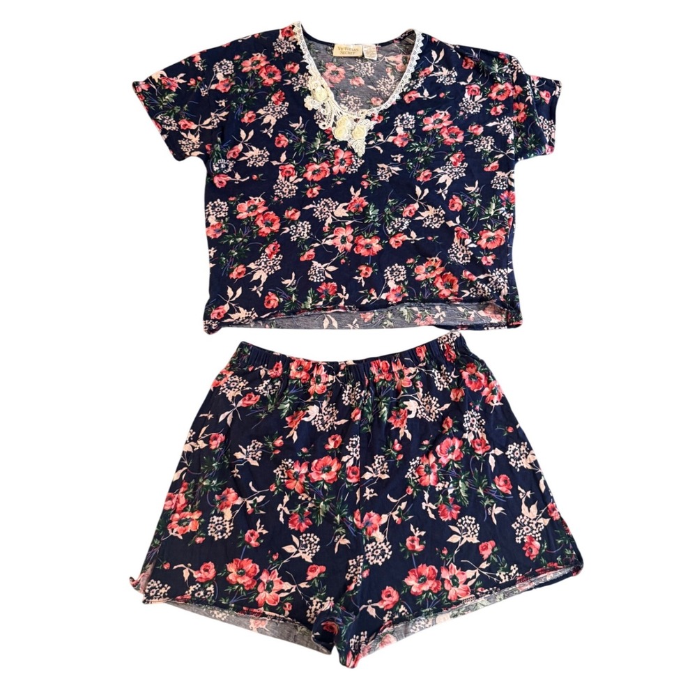 Vintage Victorias Secret Gold Label Floral Cotton Pajama Set‎ Navy Blue Small